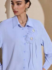 Graceveil 休闲3D立体花卉蓝色女式衬衫 - 藍色 - 查看 4