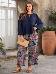 EMERY ROSE 大码女式度假纯色系带灯笼袖衬衫和腰果印花阔腿裤休闲两件套 - 彩色 - 查看 4
