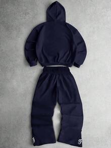 PAVTROS 男士街头风流行INS风二合一抽绳腰拉链下摆自由刺绣户外音乐节夜店男友/老公礼物周年纪念礼物浅灰色连帽衫和裤子套装 - 藏蓝色 - 查看 2