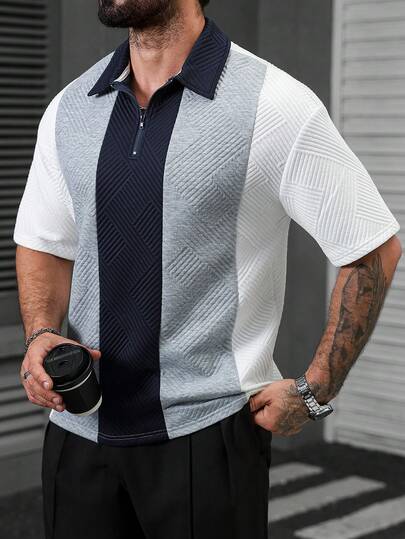 Manfinity CasualCool Men's Mature Casual Patchwork Contrast Color Polo Shirt, Versatile For Daily Wear,Men Old Money,Daily Leisure, Weekend Trips, Outdoor Activities, Travel Expeditions, Relaxed Work Environments Or Semi-Formal Occasions, Boyfriend/Husband Gift, Anniversary /Birthday Gift Party Summer Vacation Holiday,Wedding,Spring To Summer,Mardi Gras,Mens Modern Geometric Pattern Patchwork Polo Shirt With Quarter Zip And Short Sleeves For Everyday,Zipper Polo Shirt,Knitted Shirt For Men,Golf Shirt For Men,College Style Pattern Polo Men