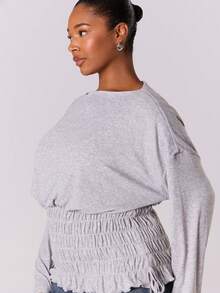 MUSERA Plus Long Sleeve Slash Neck Ruched Elasticated Waist Drop Shoulder Top . , Winter, Everyday, Cute - Light Grey - View 3