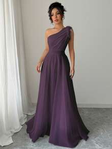 Modelyn Vestido de fiesta de mujer con un hombro, cintura fruncida, parches y falso pelo - Morado - Ver 5