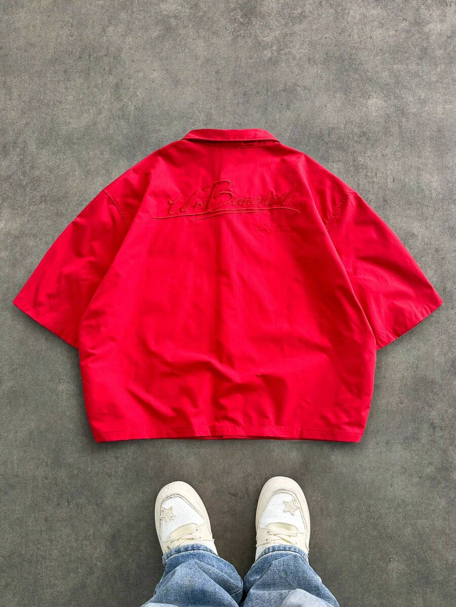 SWAVVY 男士休闲日常英文图案宽松短袖Polo衫 - 紅色 - 查看 1