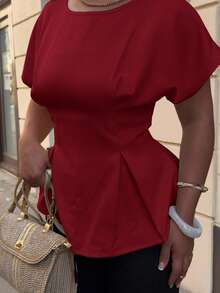 Jeta Ari 女士优雅通勤和度假复古风格毕业季日常百搭杏黄竹纹理面料圆领短袖收腰 X 设计常规衬衫，夏季 - 酒紅色 - 查看 3