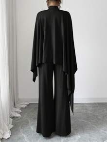 Elenzga 女士中东风情优雅简约不对称针织斗篷上衣 + 直筒阔腿松紧腰裤 - 黑色 - 查看 2