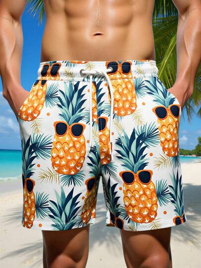 Manfinity Swimmode Men's Pineapple Print Drawstring Waist Casual Beach Shorts Men Matching Swim Trunks Swim Trunks For Men Beachwear For Men Men Swim Trunks Shorts Men Swim Trunks, Hawaiian Men's Pineapple Shorts Tropical Men's Swim Shorts Men's Vacation Shorts