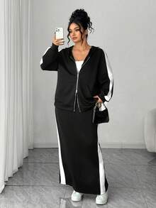 Elenzga 2pcs/Set Plus Size Double Zipper Long Sleeve Hoodie Top And Skirt - Black - View 3