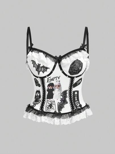 Gothic dunkle Puppen-Muster Applikation bestickte Spitze durchsichtiger Bodysuit