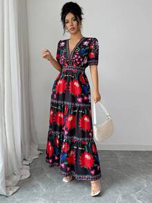 Elenzga 女士碎花V领腰部层叠下摆连衣裙，夏季度假风 - 彩色 - 查看 6