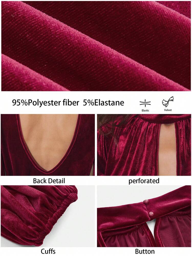 SHEIN Maija Women's Solid Color Halter Neck Hollow Out Ruched Elegant Bodycon Party Maxi Dress, Long Sleeve Dark Red Dress Burgundy Dress Velvet Dress Sexy Dress Dinner Red Wine Dress Elegant Dresses For Women New Year Women Velvet Dresses Wine Red Dress Long Sleeve Elegant Dress Elegant Midi Dress Burgundy Formal Dress Women