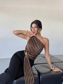 Firerie Women's Striped Print Asymmetric Neckline Elegant Sleeveless Top - Brown - View 4