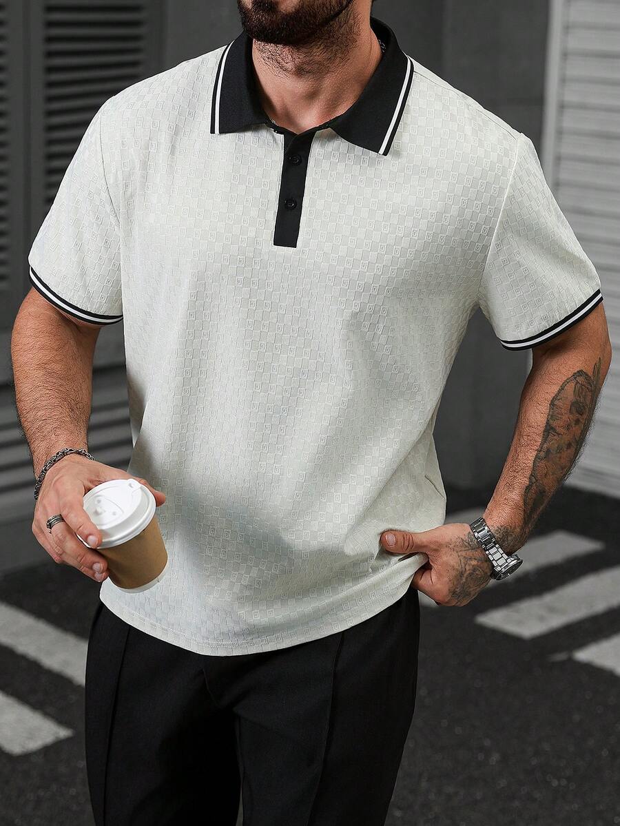 EGENSIO Áo sơ mi tay ngắn cổ polo raglan màu mơ, chất liệu vải dệt họa tiết, kiểu dáng thường ngày. - Màu be - Xem 1