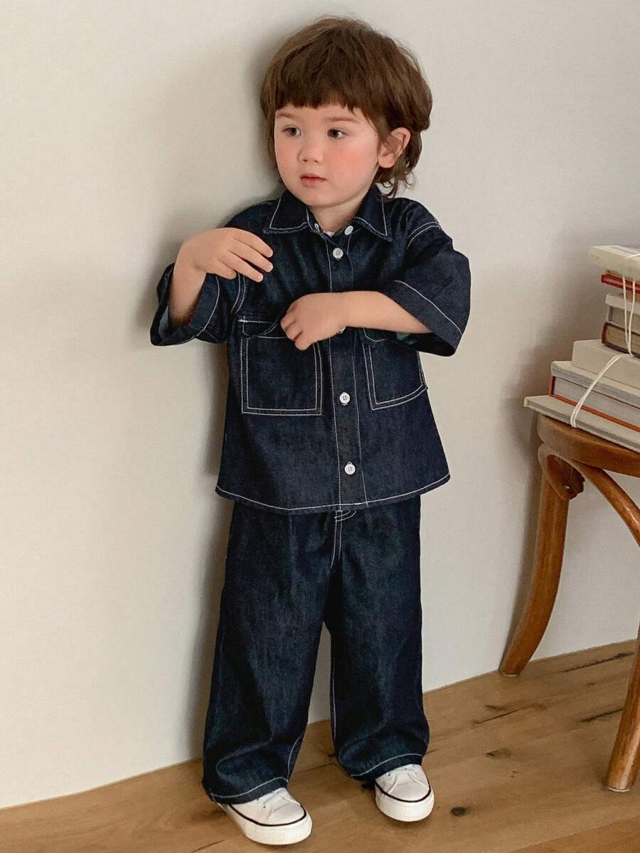 DAZY 两件套幼儿男童牛仔短袖衬衫和休闲裤套装 - 藍色 - 查看 1