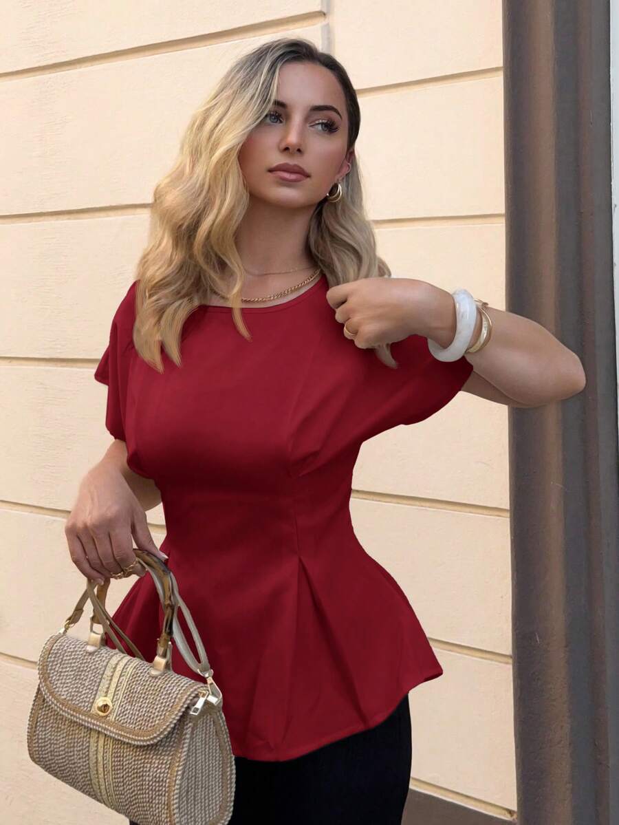 Jeta Ari 女士优雅通勤和度假复古风格毕业季日常百搭杏黄竹纹理面料圆领短袖收腰 X 设计常规衬衫，夏季 - 酒紅色 - 查看 1