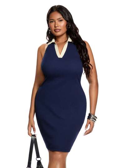 Solavibe Plus Size Women Contrast Color Collar Casual Fitted Halter Dress,Spring To Summer,Vacation Outfits Women,Holiday Outfits For Women,Casual Women Outfits,Plus Size Women Sleeveless Casual Mini Dress With Contrasting Color Collar,Summer Vacation Dress,Business Casual Woman,Dresses For Women,Club Outfit,Airport Outfit For Women,Teacher Outfits For Women,Vacation Outfits Woman,Back To School,Casual Outfit For Women,