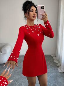 Selianne New Asymmetrical Bubble Bead Elegant Red A-Line Long Sleeve Mini Dress, Suitable For Dates, Parties, And Gatherings