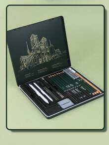 10/12/19/27 素描铅笔套装，专业艺术炭笔绘画套装，素描和人体素描便携式铁盒套装，不含炭笔，不含木柄 - 素描鐵盒裝 - 查看 2