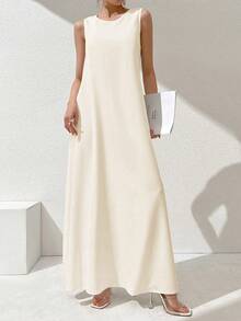 Al Najma 大码女式纯色圆领无袖优雅简约阿拉伯风格连衣裙 - 彩色 - 查看 5