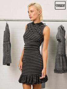 COUREZ 扭领泡泡下摆迷你连衣裙 / Y2K 秋季女装街头风度假外出穿搭外出连衣裙街头风 - 彩色 - 查看 1