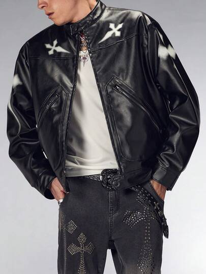 Street Life Veste de moto à col montant, motif croisé, poche, fermeture éclair avant, , manches longues pour hommes