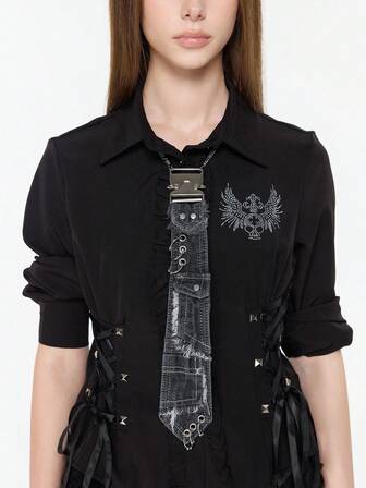 Goth 1 قطعة من الخواتم المعدنية الرنك بي بي الأسود، تصميم متعدد العيون والجيوب، حافة مهترئة للربطة العنق للنساء، زخرفة فريدة وعصرية شخصية