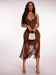 Radiana Women's Summer Boho Brown Crochet Flowy Fringe Hem Dress, Holiday/Beach Vacation Dress - Brown - View 3