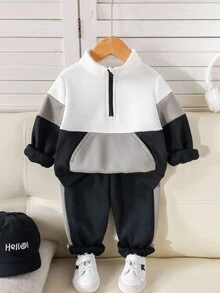 SHEIN 2件組嬰兒男孩女孩黑白配色秋季簡約約會套裝，加厚拼色連帽衛衣與冬季長褲運動套裝，休閒街頭風 - 黑色 - 查看 4