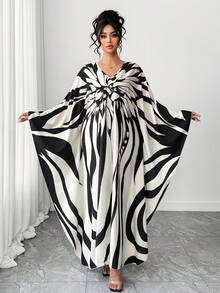 SHEIN Elenzya Đầm Abaya tay cánh dơi cổ chữ V in hoa thanh lịch dành cho nữ cỡ lớn, thích hợp cho mùa xuân/hè. - Đen và trắng - Xem 3