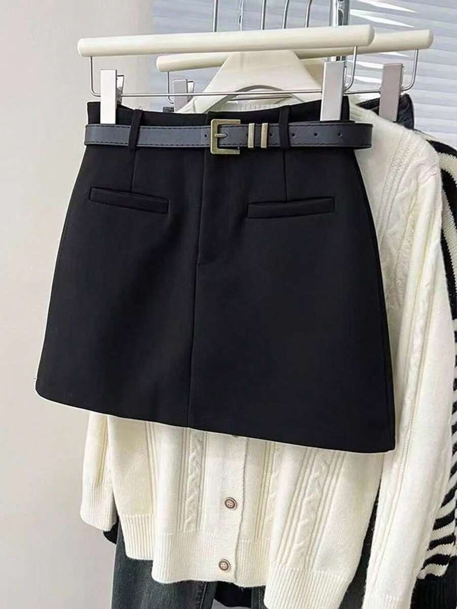 SHEIN PETITE Minimalist Commuter Spring/Summer New Versatile Fashion A-Line Waistline Slimming Niche Design Black Bodycon Skirt - Black - View 1