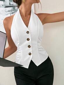 Ritzy Row Women's Casual And Elegant Apricot Sleeveless Backless Casual Tank Top, Front Button, Elegant Style, Suitable For Daily Wear/Vcation/Date/Office Attire/Teacher - White - View 7