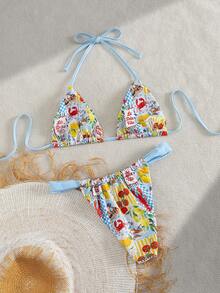 Swim Vcay Sexigt och moderiktigt bikiniset med frukt- och grönsakstryck och halterneck i två delar, sommarlov - Multifärgad - Visa 2