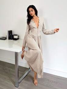 SHEIN Tall 棉麻女士长袖连衣裙，休闲度假连衣裙，V领A字长裙，女士休闲装，女士沙滩装，女士端庄连衣裙，女士春夏连衣裙，女士秋季连衣裙 - 杏色 - 查看 4