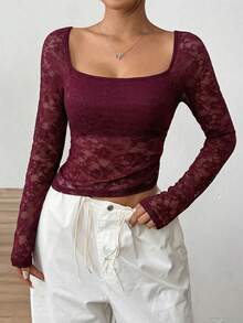 SHEIN EZwear Áo kiểu tay dài cổ vuông ren gợi cảm thời trang dành cho nữ - Màu Đỏ Sâu - Xem 3