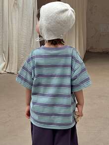 DAZY Young Boy Letter & Stripe Print Round Neck Casual Loose Short Sleeve T-Shirt Spring - Purple - View 7