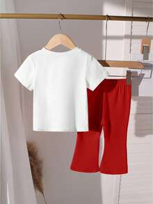Bộ 2 món cho bé gái gồm áo thun ngắn tay và quần ống loe dễ thương có nơ, trang phục đa năng phù hợp cho mặc hàng ngày và mọi mùa. - Đỏ - Xem 2