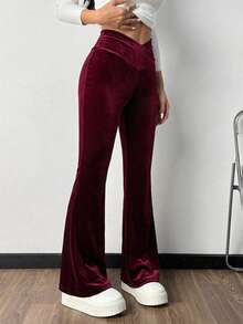 SHEIN EZwear 女士酒红色丝绒针织喇叭裤 - 酒紅色 - 查看 4