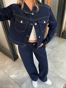 SHEIN Women's Long Sleeve Single-Breasted Denim Jacket And Loose Fit Denim Pants Casual Set 2 Piece Set For Women - Dark Wash - View 5