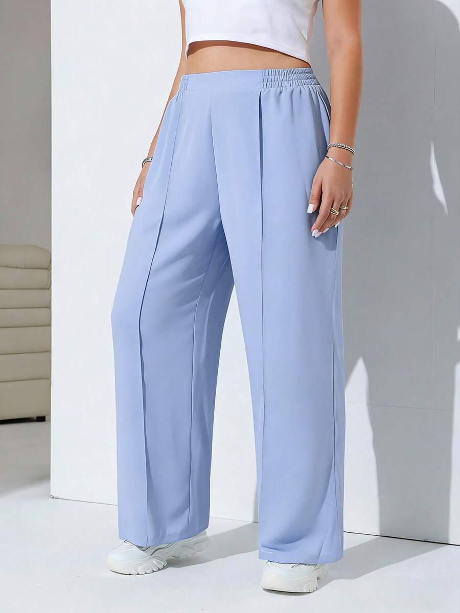 SHEIN EZwear Plus Size Women Solid Color Casual Versatile Commuting Wide Leg Pants - Baby Blue - View 1