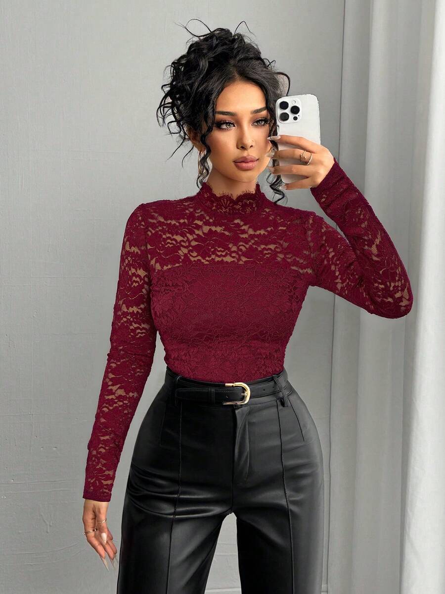 Selianne Women's Mandarin Collar Lace Patchwork French Elegant Date Casual Long Sleeve T-Shirt - Burgundy - View 1