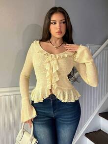 DAZY Women's Casual Ruffle Trim Fitted Short Crop Top, Long Sleeve T-Shirt, Yellow Design, Spring/Summer Vacation Y2k - Yellow - View 2