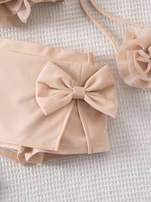 SHEIN 3pcs/Set Baby Girls' Fuchsia Floral Top With Crossbody Bag, Cute & Elegant Casual Outfit, Spring/Summer - Apricot - View 5