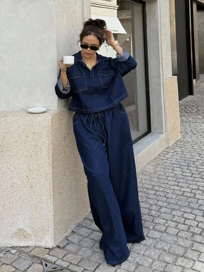 SHEIN PETITE CURVE 秋冬季加大码休闲通勤牛仔上衣和裤子两件套