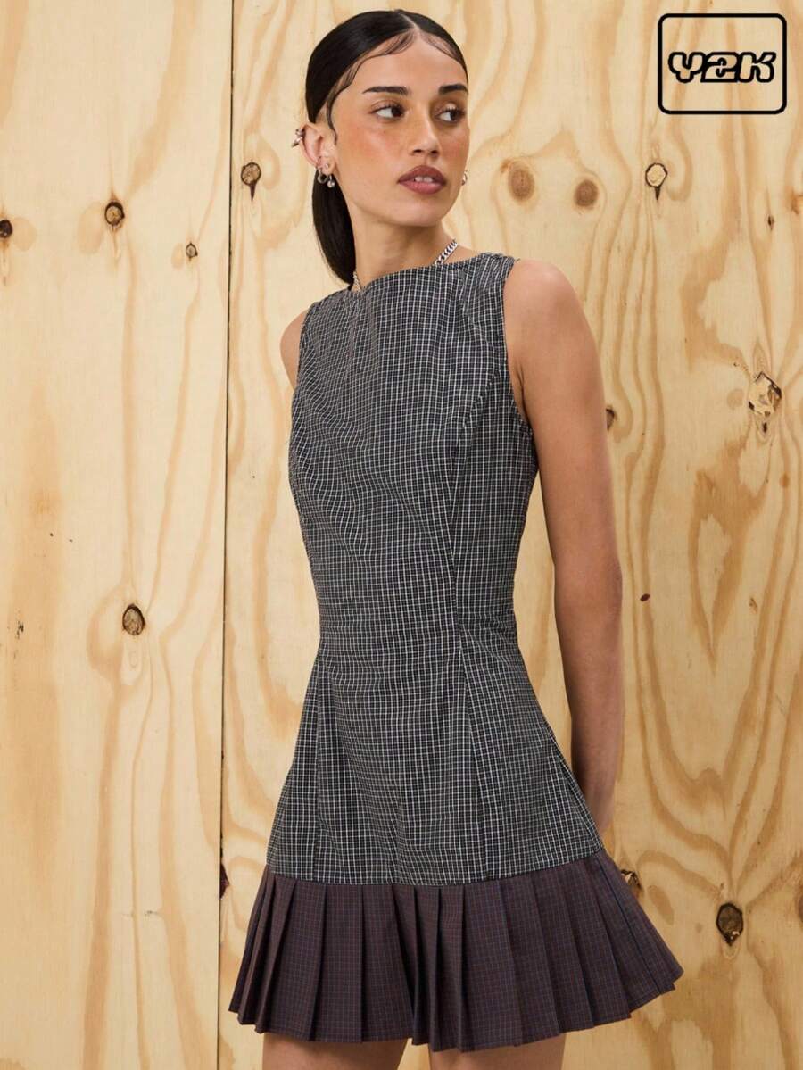 COUREZ Đầm ngắn ôm dáng kẻ caro nhỏ Splice / Trang phục đi chơi phong cách Y2K, quần áo mùa thu cho nữ, quần áo mùa đông cho nữ, đầm thanh lịch, đầm dự tiệc, đầm công sở - Nhiều màu - Xem 1