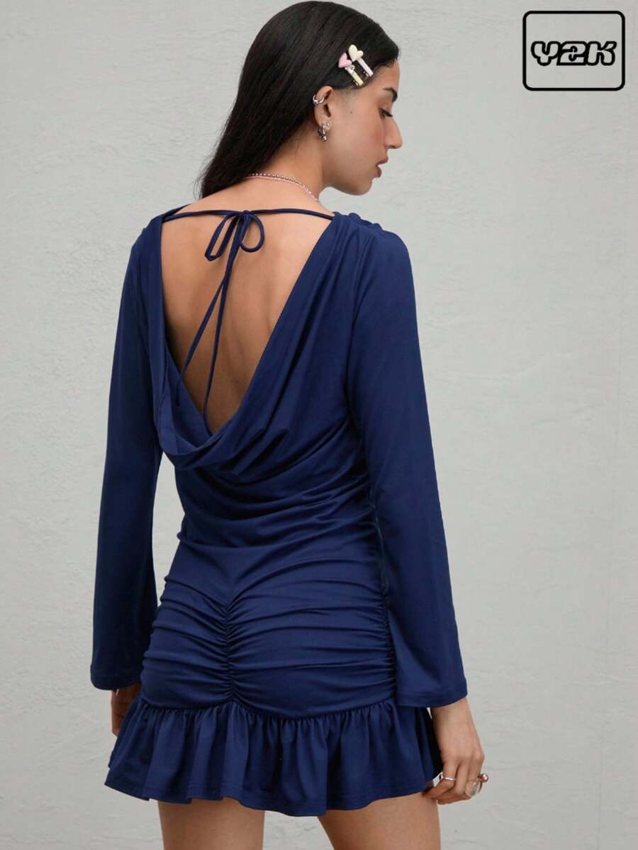 COUREZ 斜领长袖迷你连衣裙/女士夏季穿搭/夏季外出休闲连衣裙/Y2K复古风 - 棕色 - 查看 1