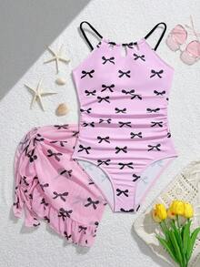 SHEIN 13-16岁少女蝴蝶结印花泳衣，挂脖式连体泳衣带裙式罩衫，粉色镂空弹力泳装，可爱时尚沙滩泳池泳装 - 粉色 - 查看 2