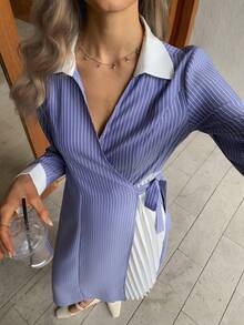 Elyressa Long Blue And White Woven Dress With Lapel And Pleated Design For Ladies - Blue and White - View 1