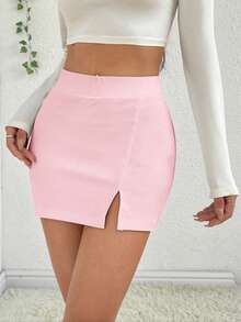 SHEIN EZwear Chân váy xẻ tà cao màu hồng dành cho nữ, thích hợp cho mùa xuân/hè. - Hồng - Xem 4