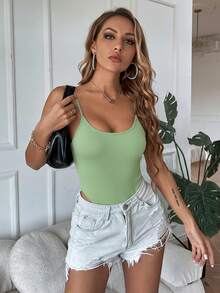SHEIN SXY Mintgrüner runder Ausschnitt Träger Bodysuit für Erwachsene - Minzgrün - Übersicht 4