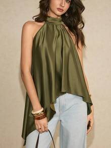 Poéselle Women's Green Asymmetric Hem Casual Halter Neck Tank Top,Elegant Women's Blouse,Casual Blouses For Women,Vacation Outfits For Women ,Y2K Top ,Green Top,Summer Tops,Spring Outfit Women,Going Out Tops For Women,Spring/Summer - Black and White - View 6