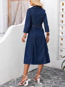 Breezaya 女士休闲度假风卷袖系带牛仔衬衫裙，适合春秋季日常通勤 - 深色水洗藍 - 查看 5